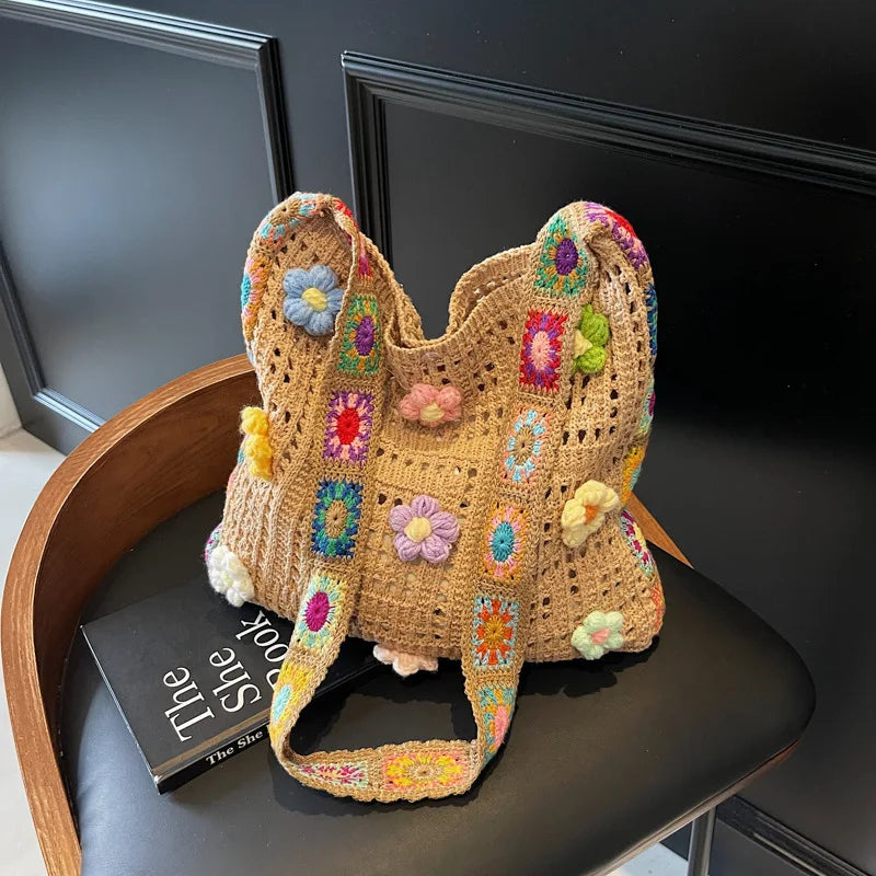 Women'S Boho Crochet Bag Designer Flowers Knitted Handbags Large Capacity Summer Beach Woven Shoulder Bag Girls Tote Shopper Bag