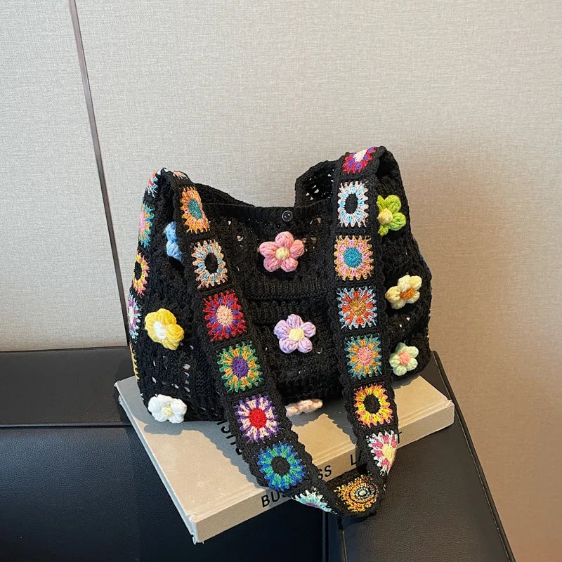 Women'S Boho Crochet Bag Designer Flowers Knitted Handbags Large Capacity Summer Beach Woven Shoulder Bag Girls Tote Shopper Bag