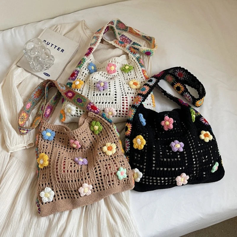 Women'S Boho Crochet Bag Designer Flowers Knitted Handbags Large Capacity Summer Beach Woven Shoulder Bag Girls Tote Shopper Bag